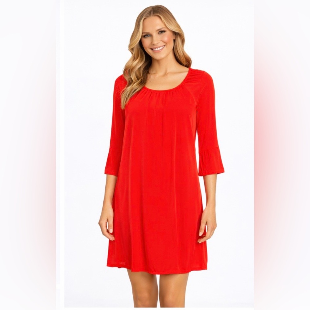 Glam Bright Red Dress Flare 3/4 Length Sleeve Size Medium